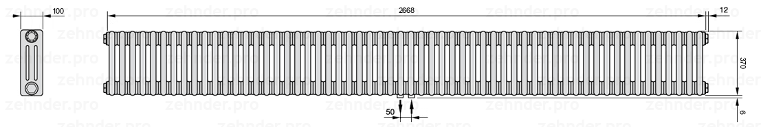 Схема (чертеж) Радиатор Zehnder Charleston 3037/58 №5410 Белый глянцевый RAL 9016